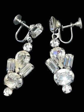 Vintage Clear Rhinestone Silver Tone Dangle Drop Clip On Screw Back Earrings